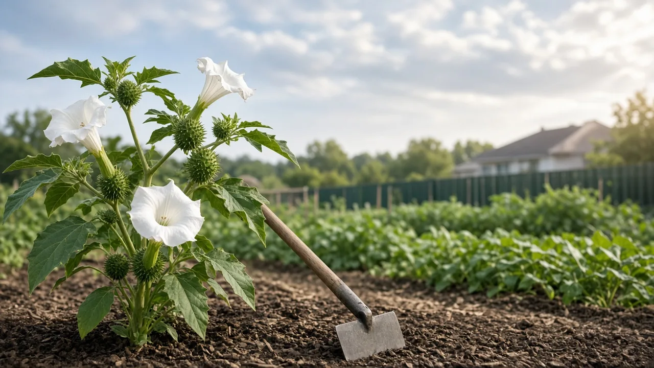 Jimsonweed with trumpet flowers and spiny seed capsules at a backyard garden edge