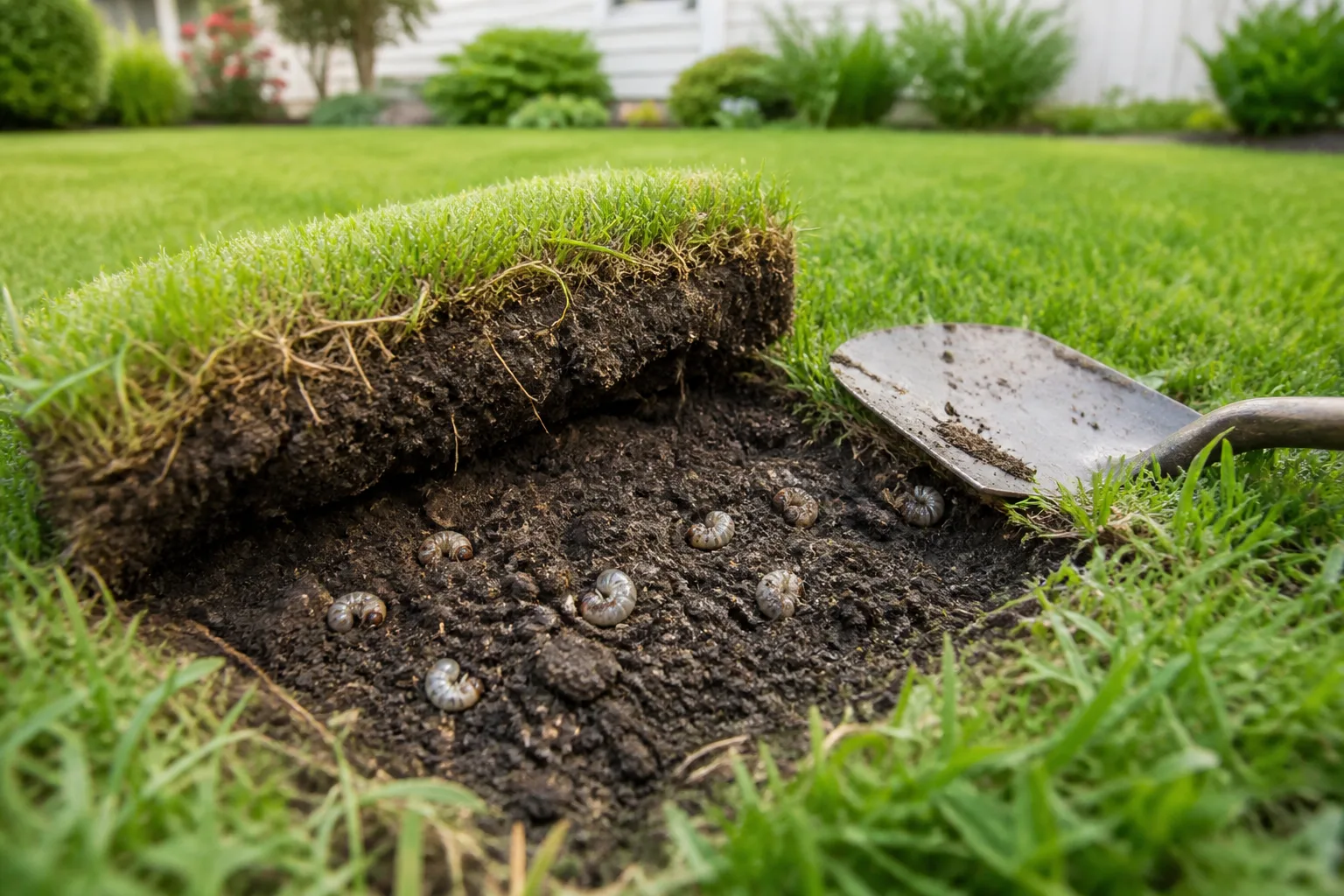 Square foot of peeled-back turf exposing cream-colored C-shaped white grubs in soil