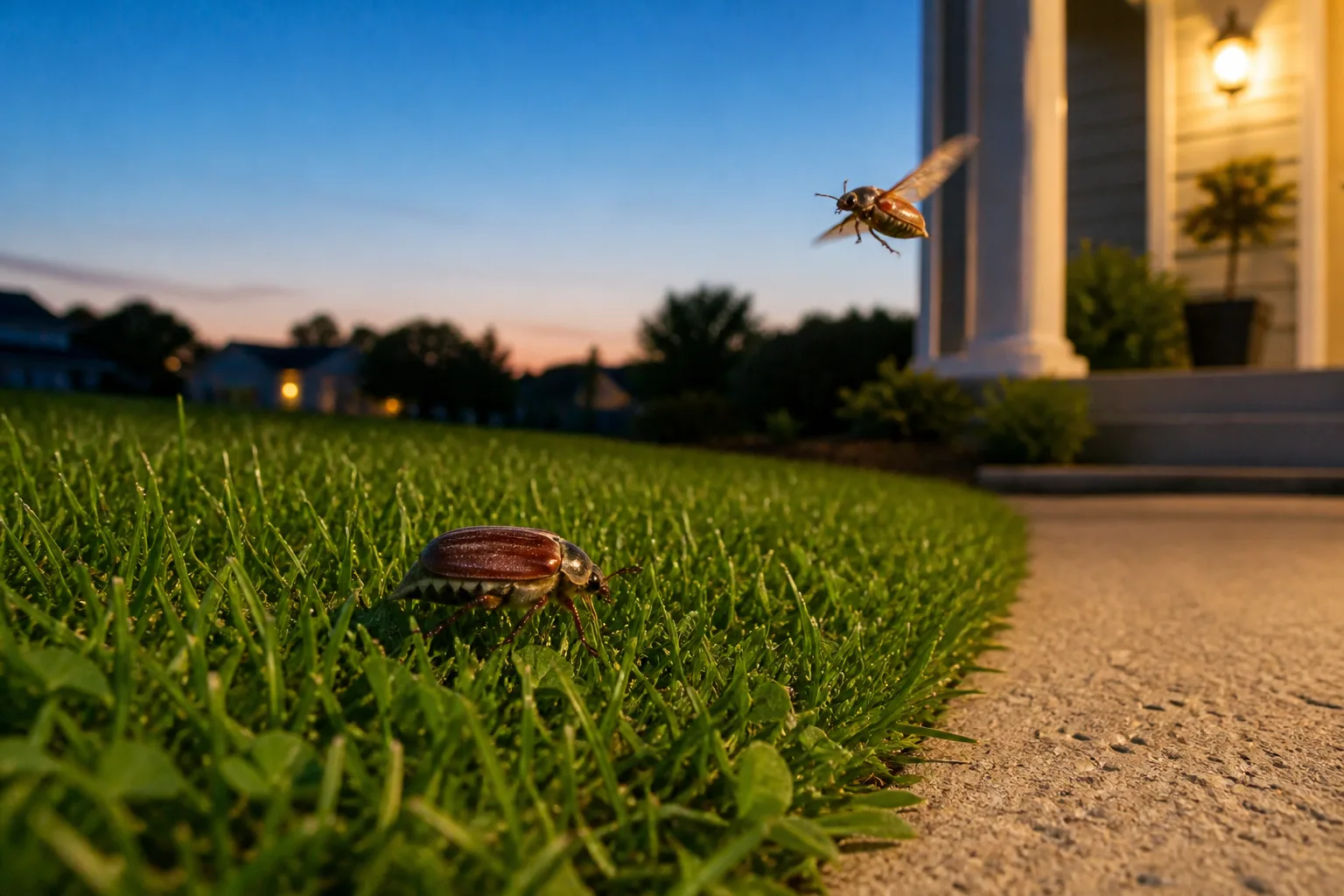 Reddish-brown June beetle on a suburban lawn at dusk near a glowing porch light