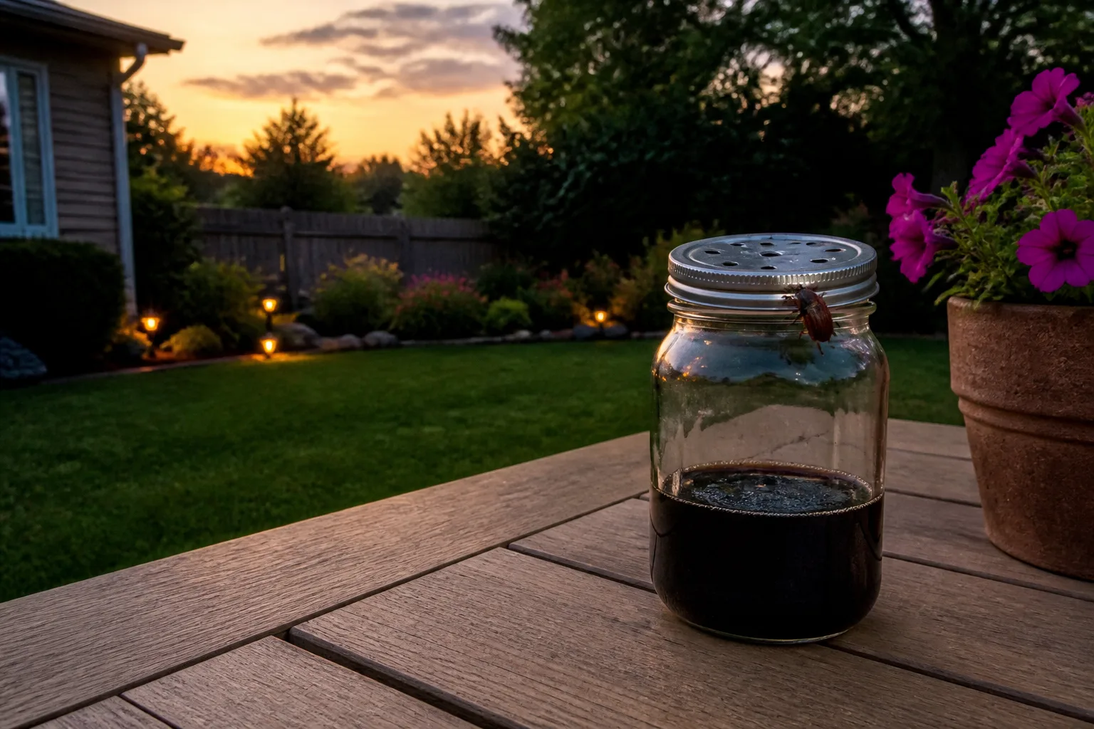 Glass jar molasses trap on a patio table beside a lawn at dusk