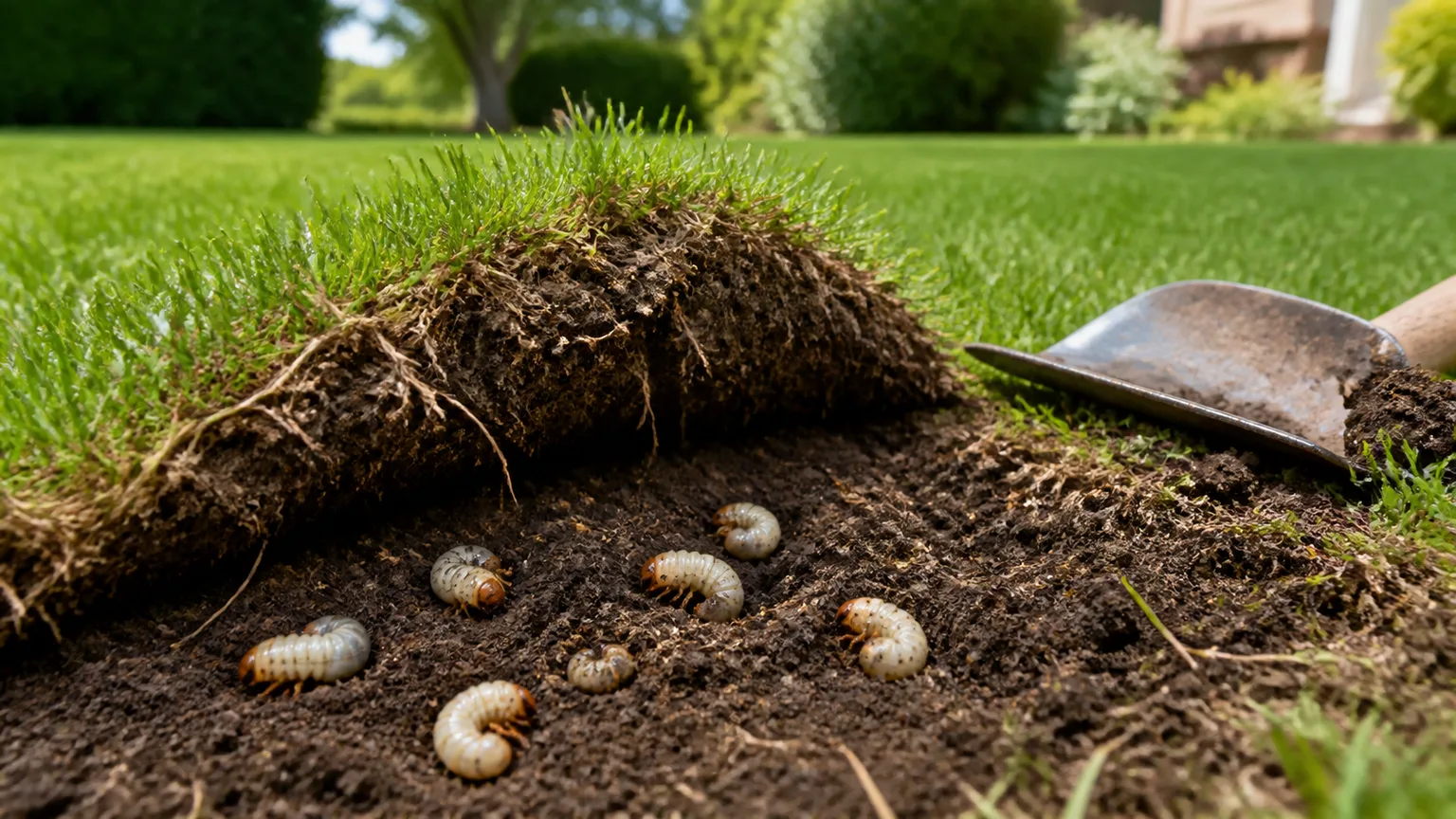 Peeled lawn turf reveals white C-shaped grubs in the soil beside a garden spade