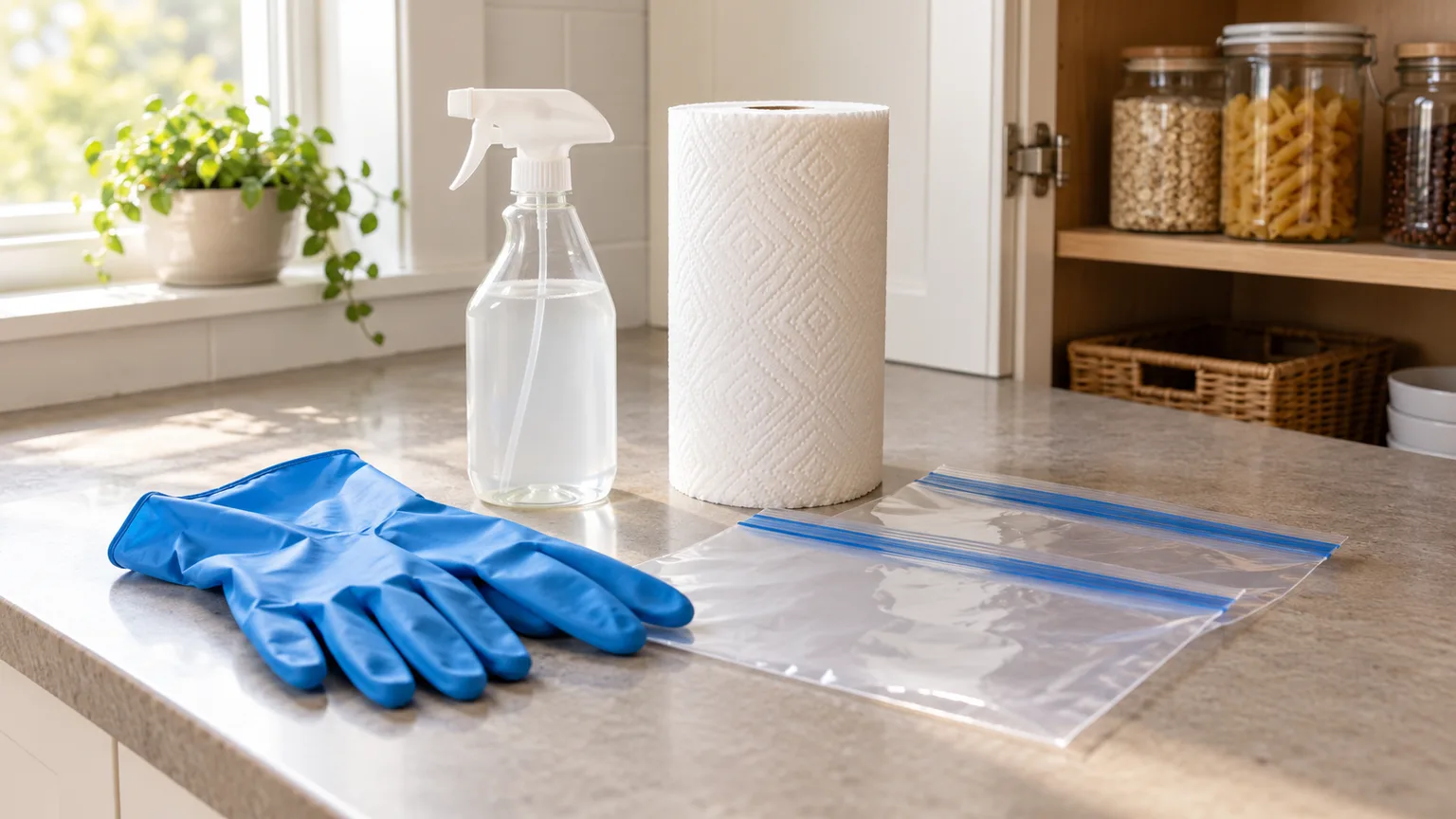 Gloves, disinfectant spray, paper towels, and sealable bags ready for safe mouse cleanup