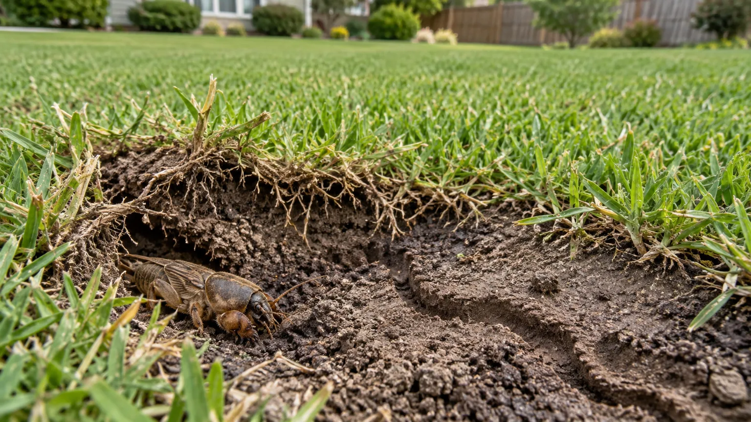 Mole cricket and lifted turf revealing shallow tunnels in a warm-season lawn