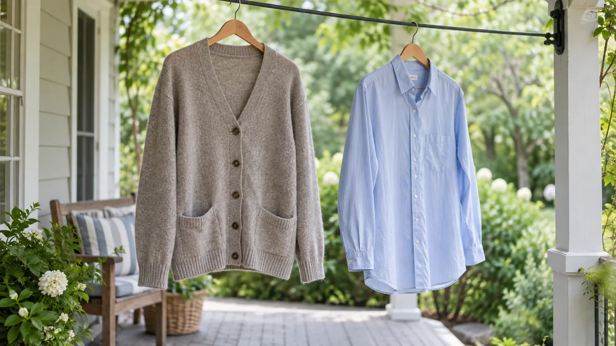 A sweater and shirt airing in shade on a porch