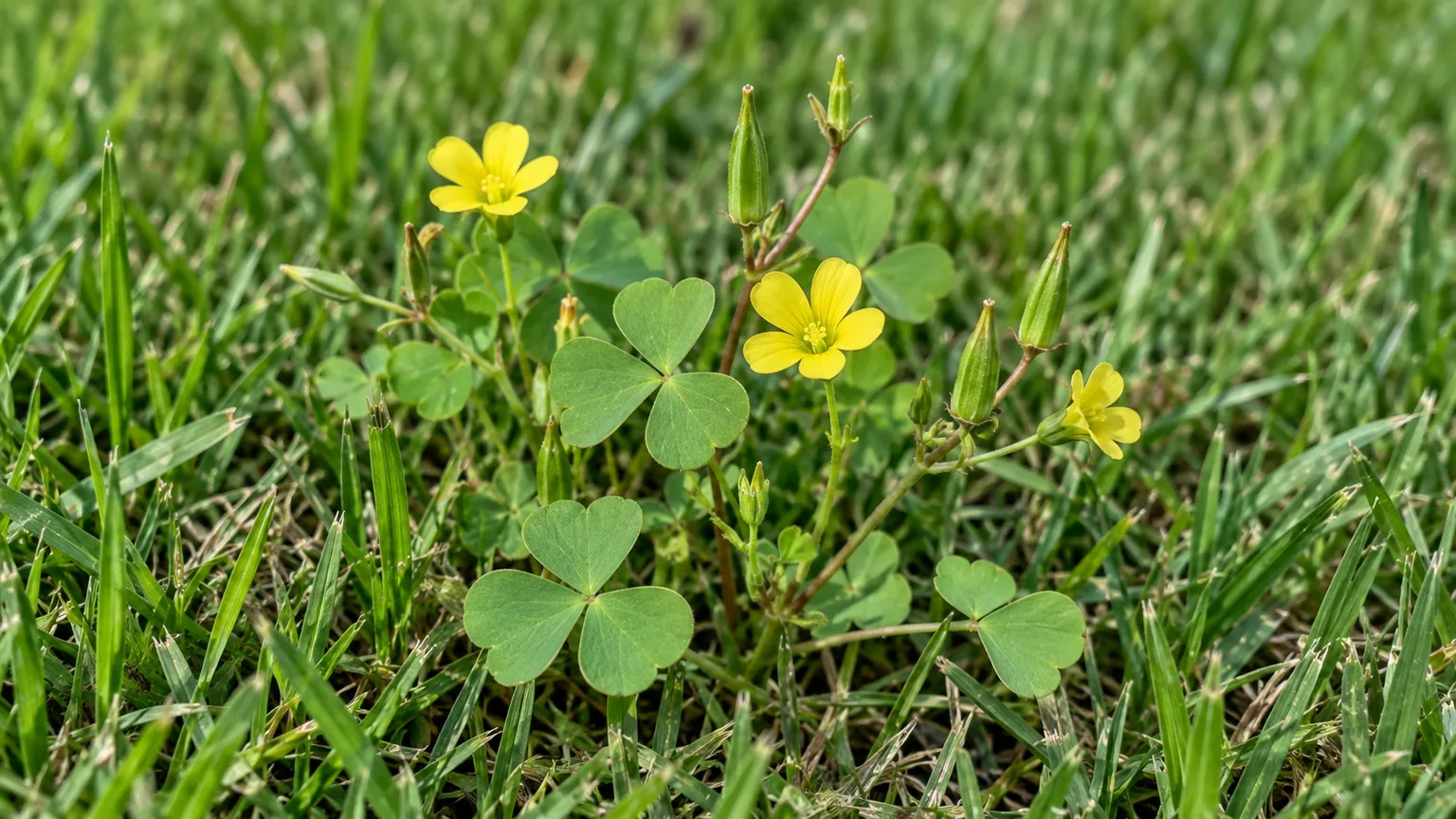 Yellow oxalis flowers, heart-shaped leaflets, and seed capsules growing among lawn grass