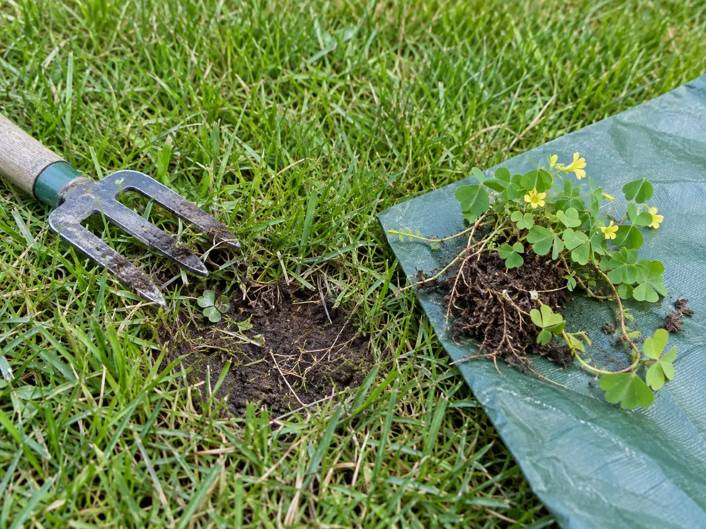 A small creeping wood sorrel patch lifted with its runner and roots attached beside intact lawn turf