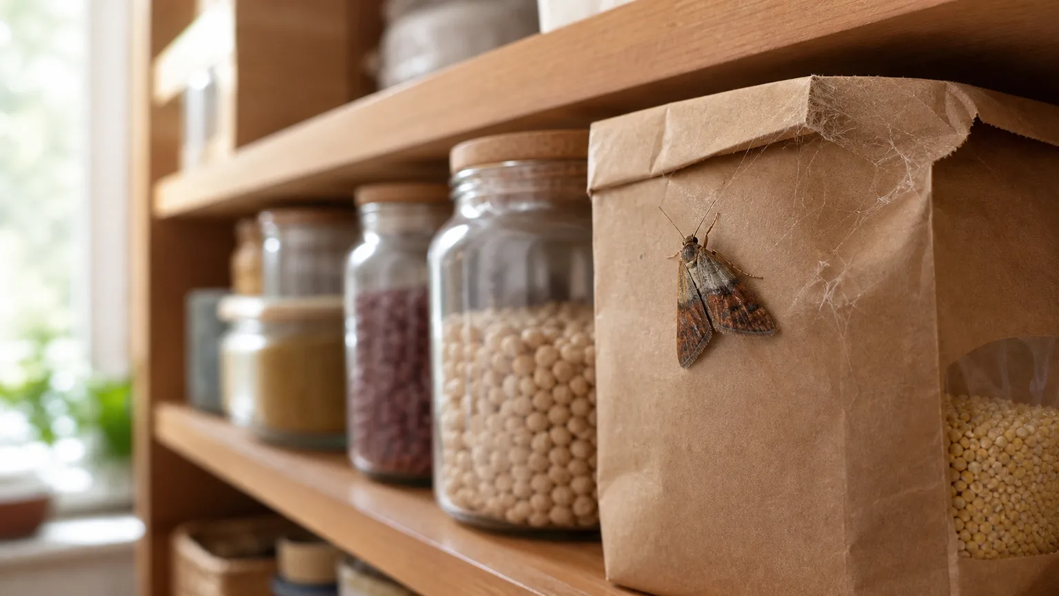 Indian meal moth on a webbed dry-food package in a pantry