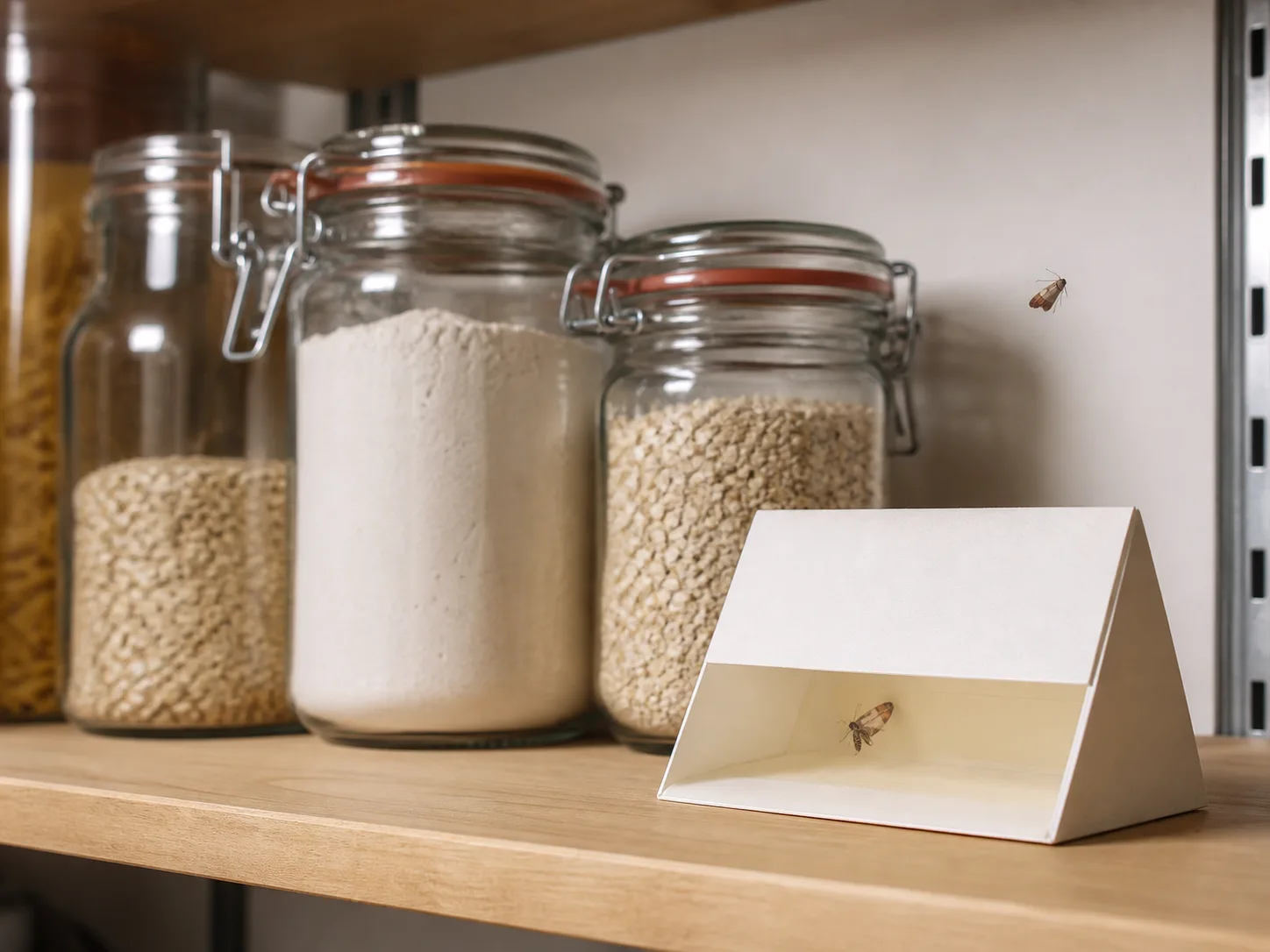Unbranded pheromone trap monitoring sealed dry goods on a pantry shelf
