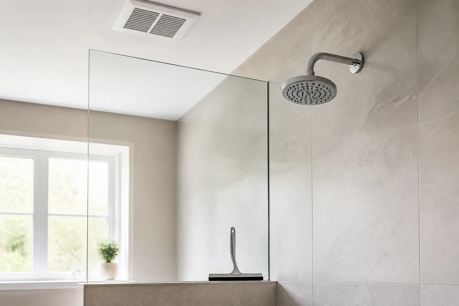 Bright bathroom with exhaust fan, shower squeegee, and dry chrome showerhead suggesting good post-shower ventilation