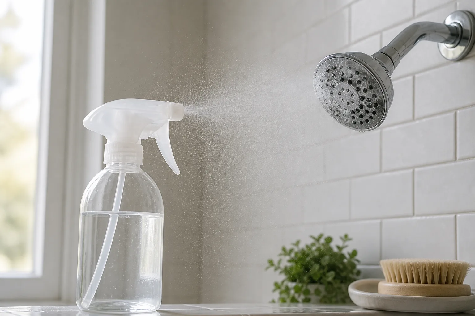 Spray bottle misting a chrome showerhead with diluted vinegar solution during weekly maintenance