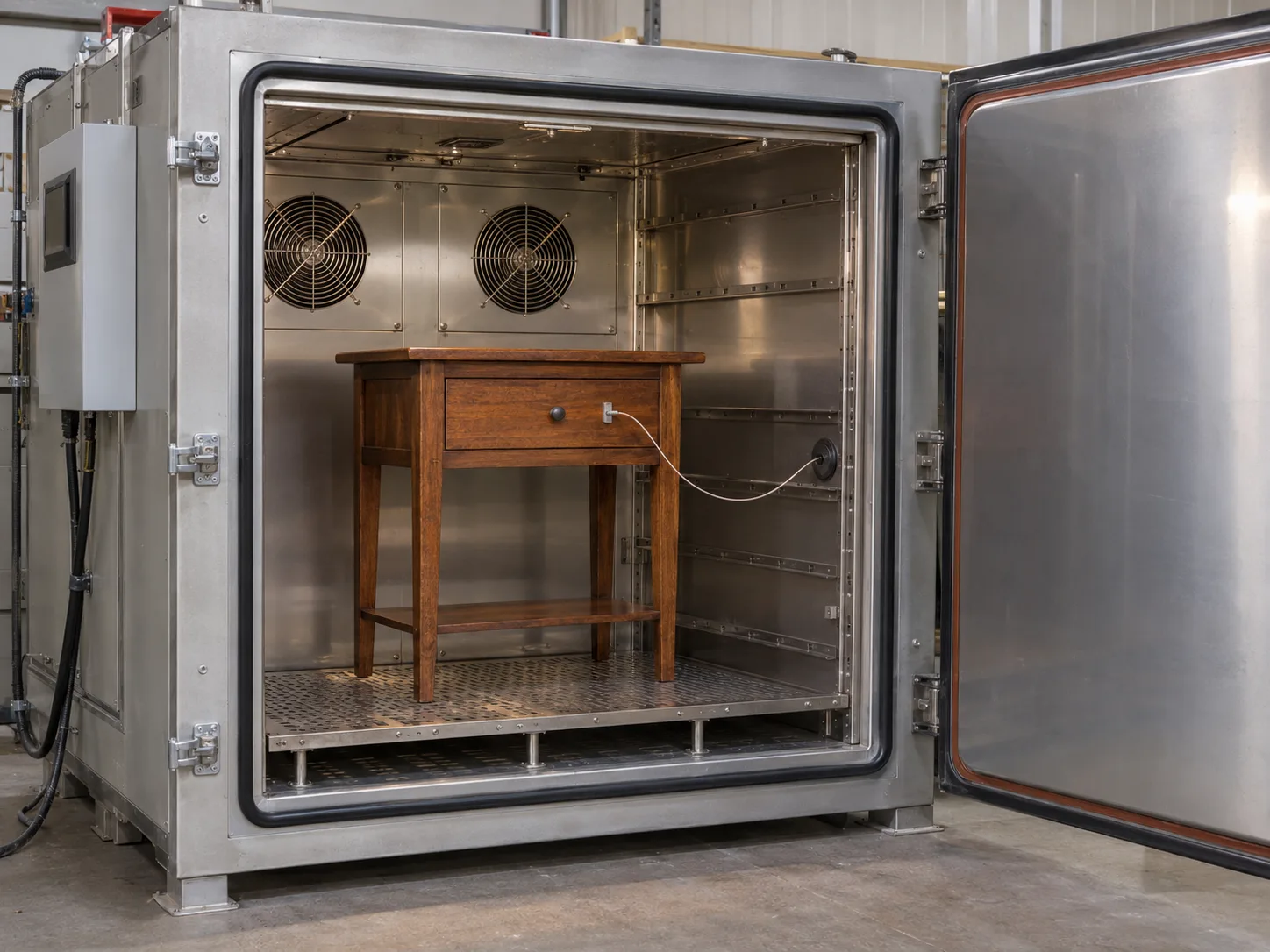 A wooden side table inside a professional heat-treatment chamber with a temperature probe