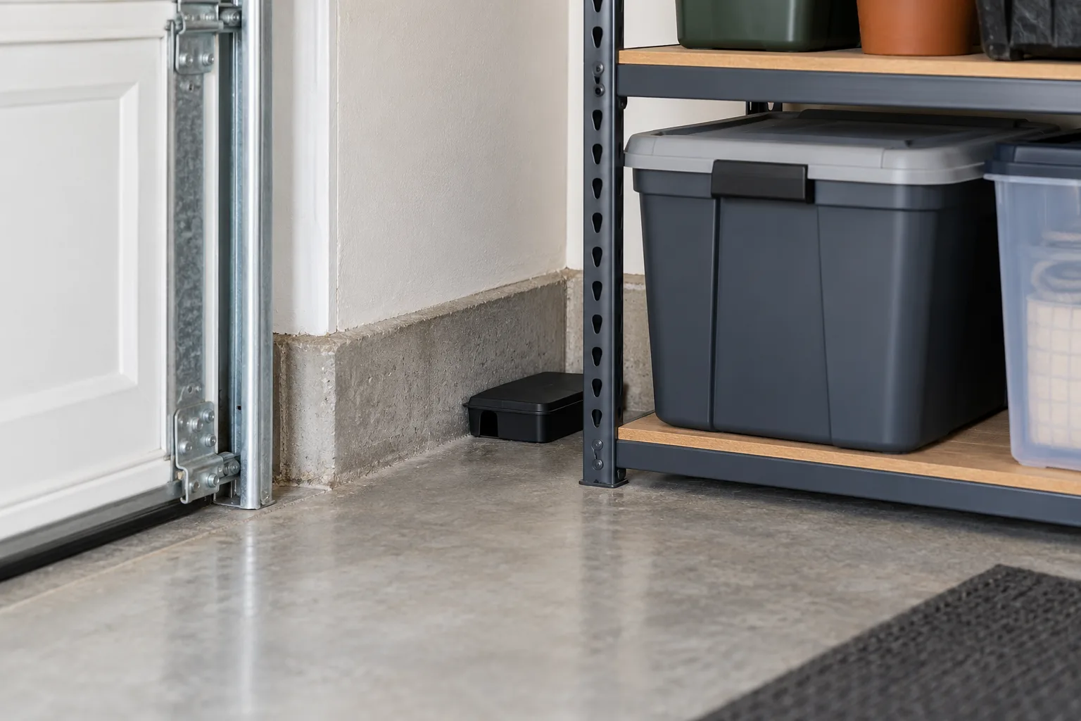 A covered pest bait station placed beside a garage wall, away from open living areas