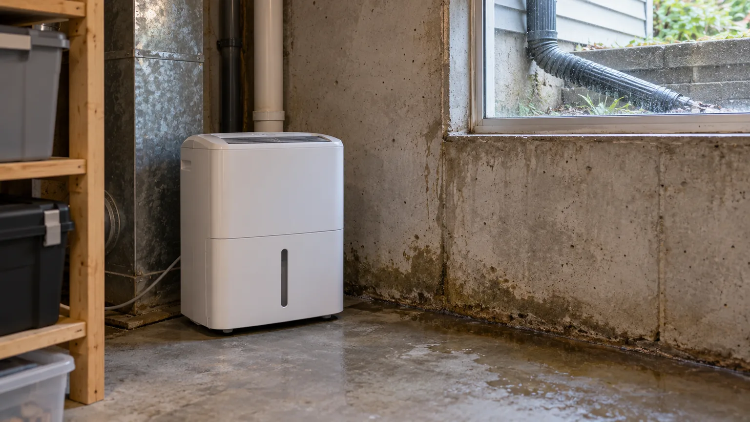 A dehumidifier beside a damp basement foundation seam and drainage line.