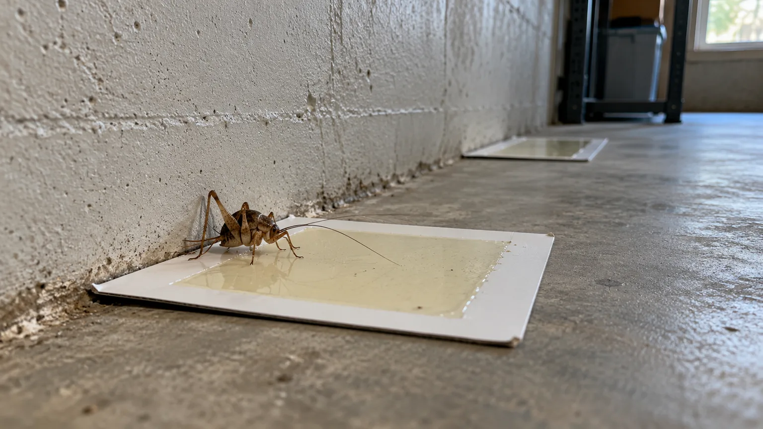 Camel cricket approaching a sticky board along a basement wall.