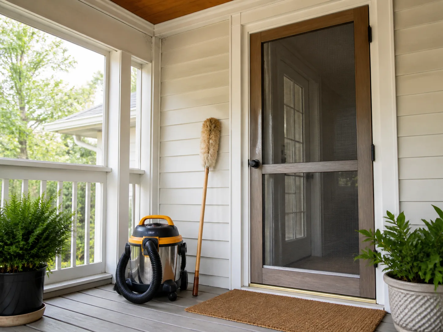A bright porch with a door, screen, and cleaning tools showing the kind of high-traffic space where a web should be cleared
