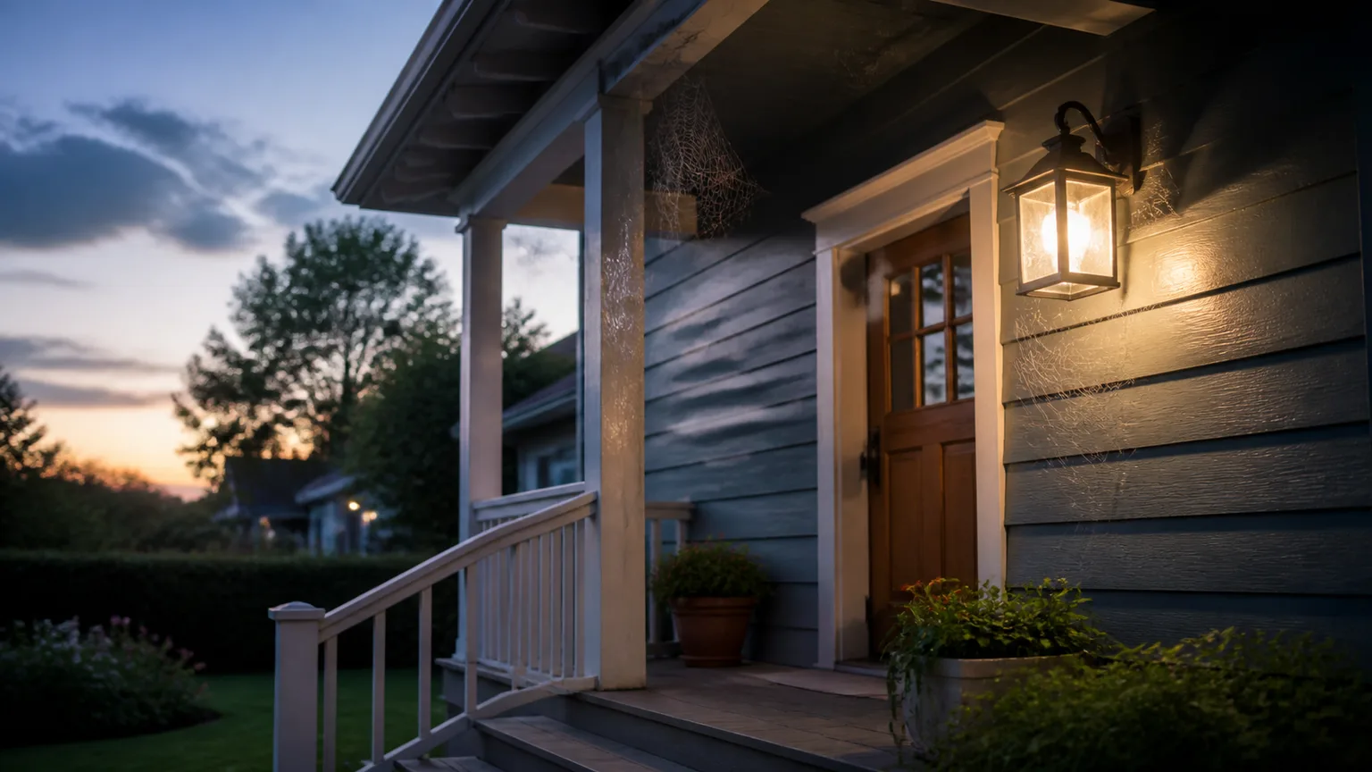 Porch light and spider webs under a covered eave at dusk