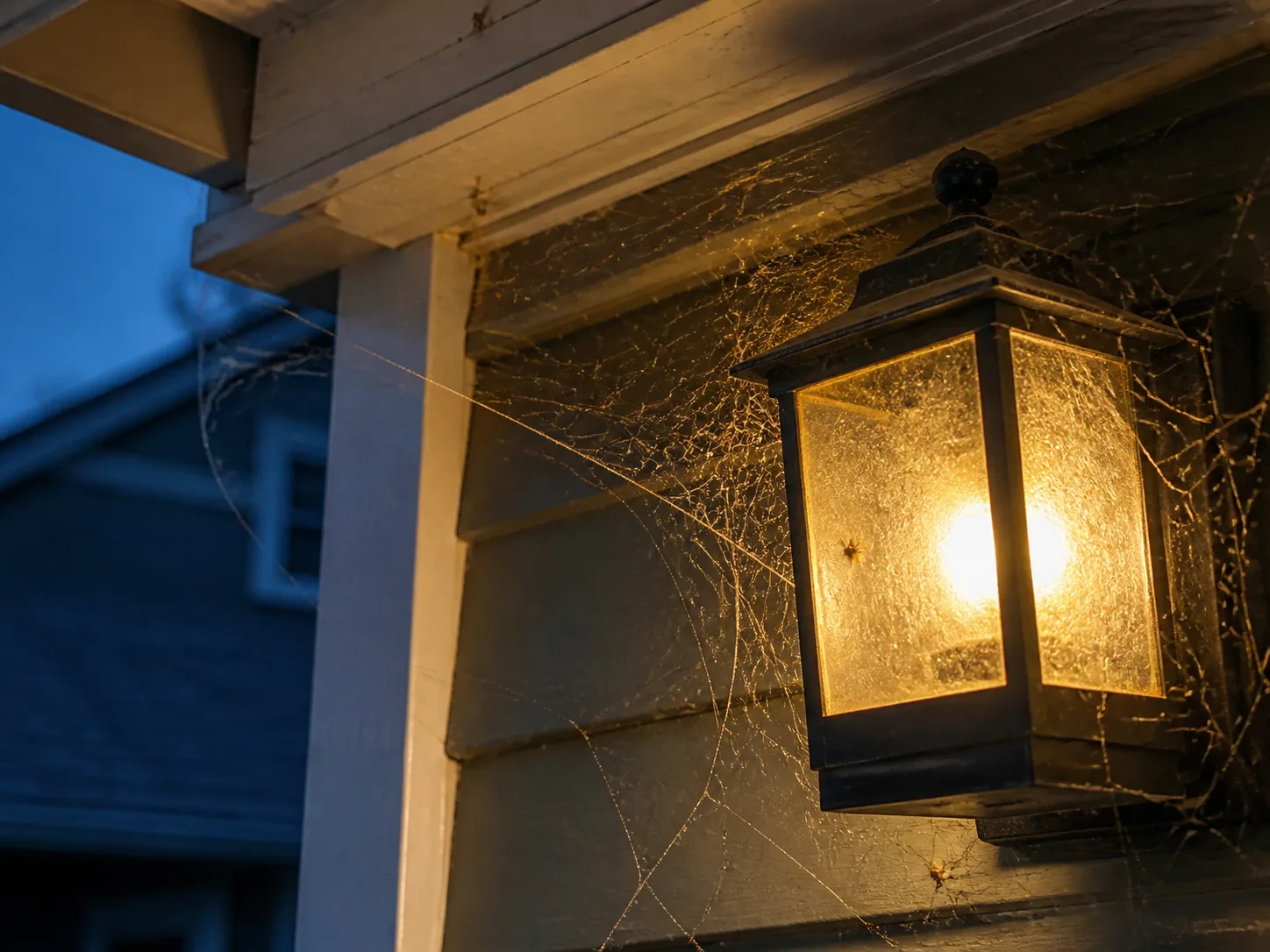 A large outdoor web attached to a porch light, the kind of placement that can interfere with a doorway or nearby traffic