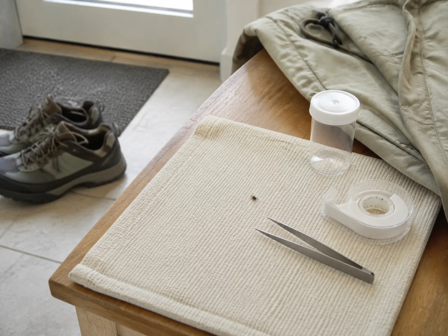 Loose tick, tweezers, tape, and a specimen container set up at a home entry station