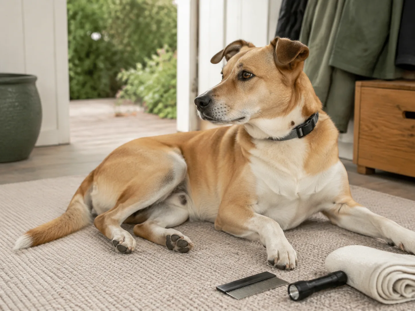Dog resting on a washable mat beside a tick comb and flashlight for a careful coat check