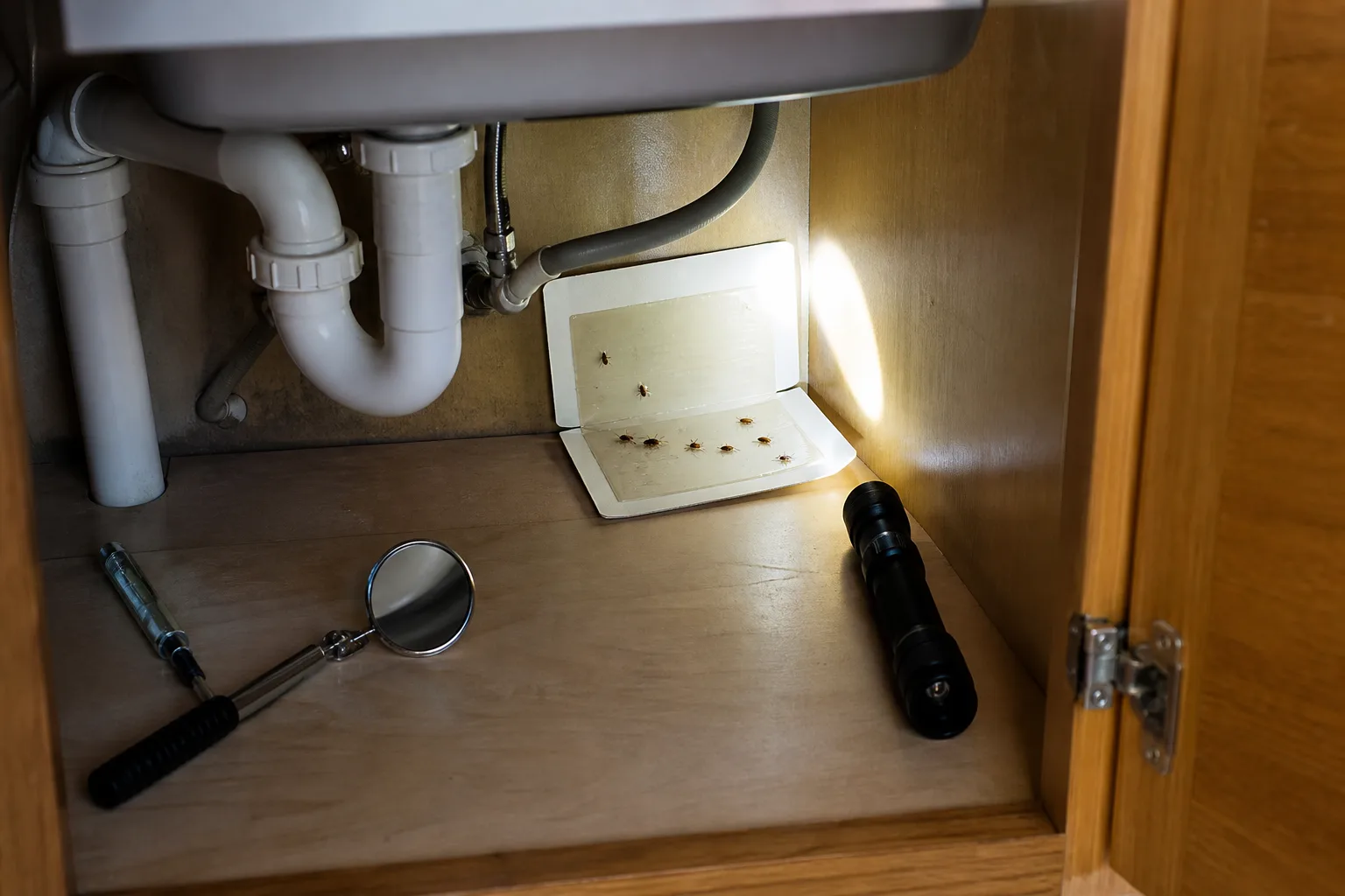 Open sticky monitor beneath a sink beside plumbing and inspection tools, showing where to check for repeated roach activity