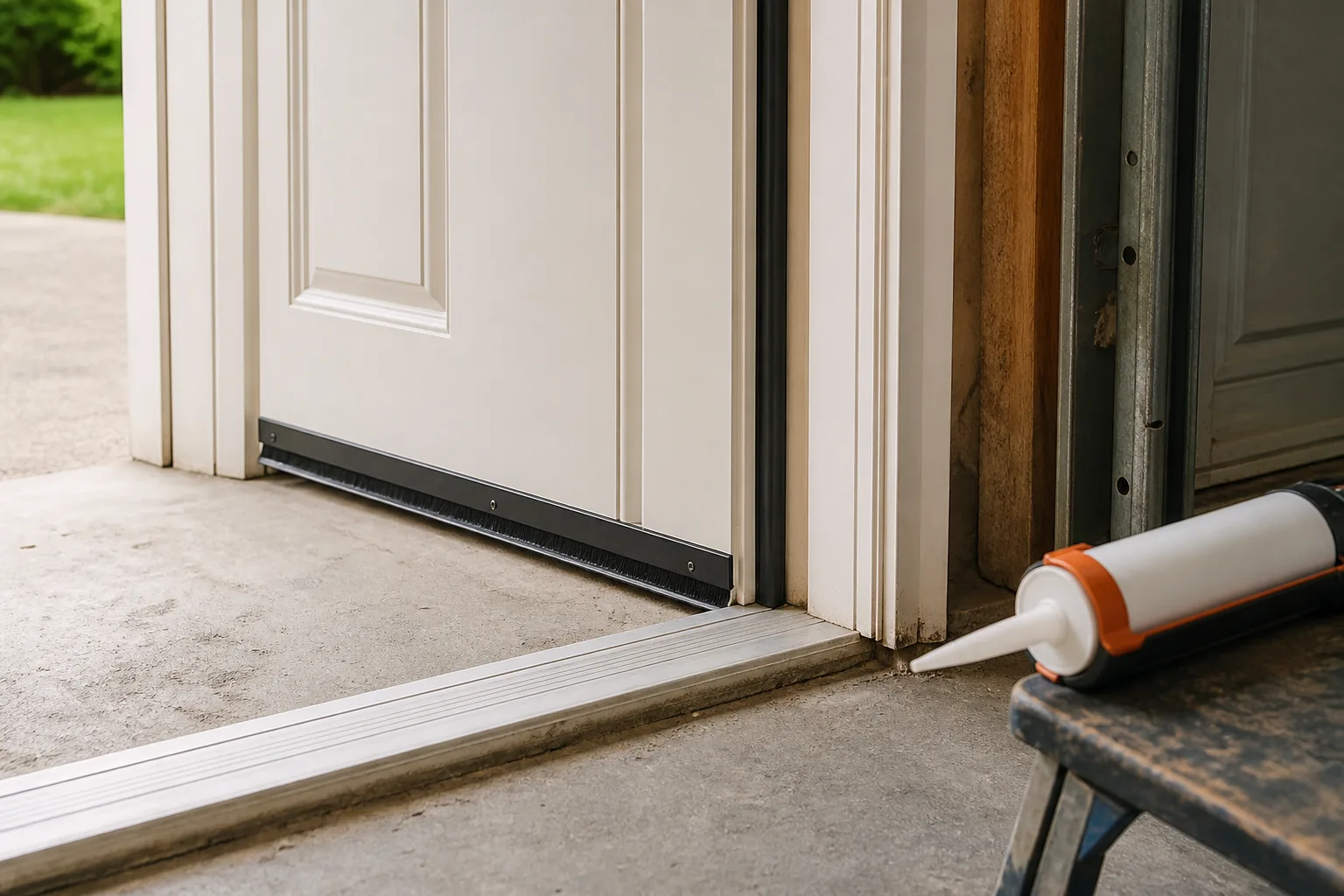 A door sweep and caulking gun positioned at a home threshold to illustrate physical exclusion