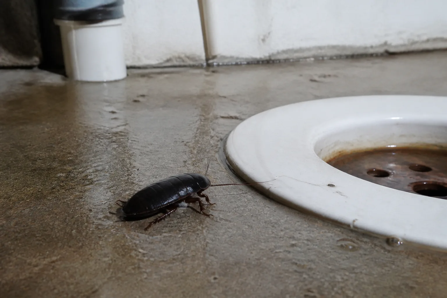 Dark cockroach beside a drain under a sink, illustrating why “water bug” can be an indoor nickname