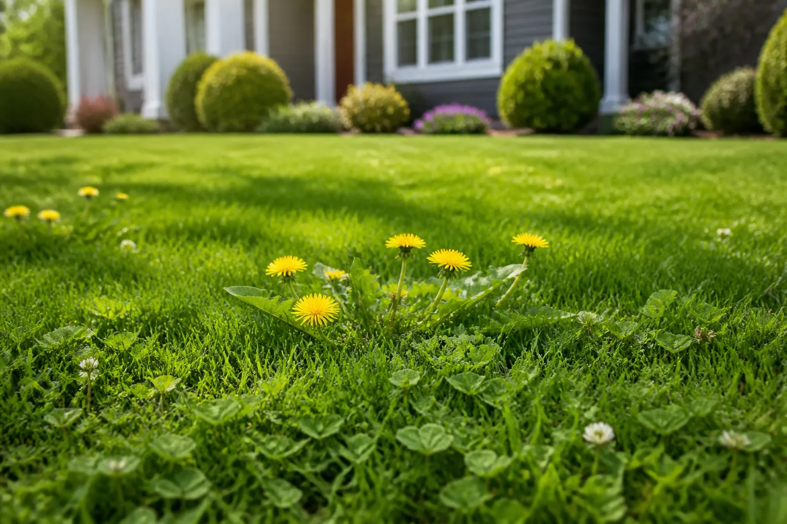 Residential lawn with lighter-green weed clumps growing through the turf