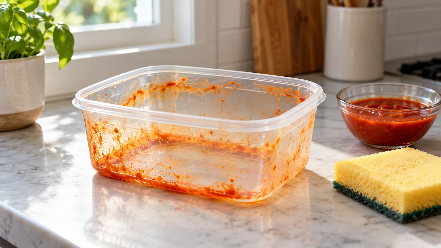 Orange tomato sauce stains on the inside of a clear reusable plastic food container