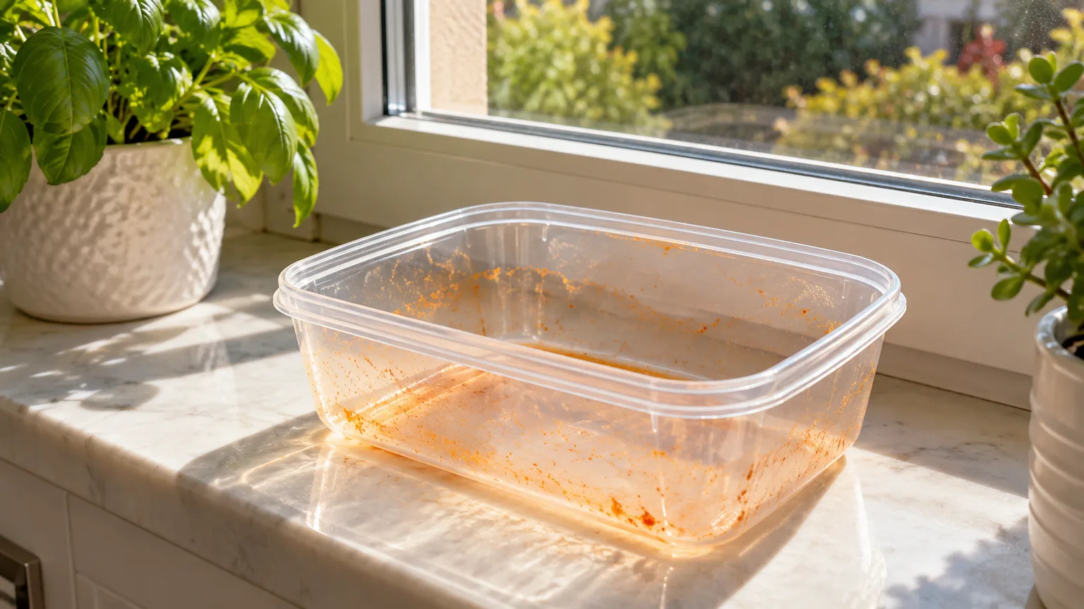 Open plastic food container with a faint tomato stain drying in soft sunlight on a kitchen windowsill