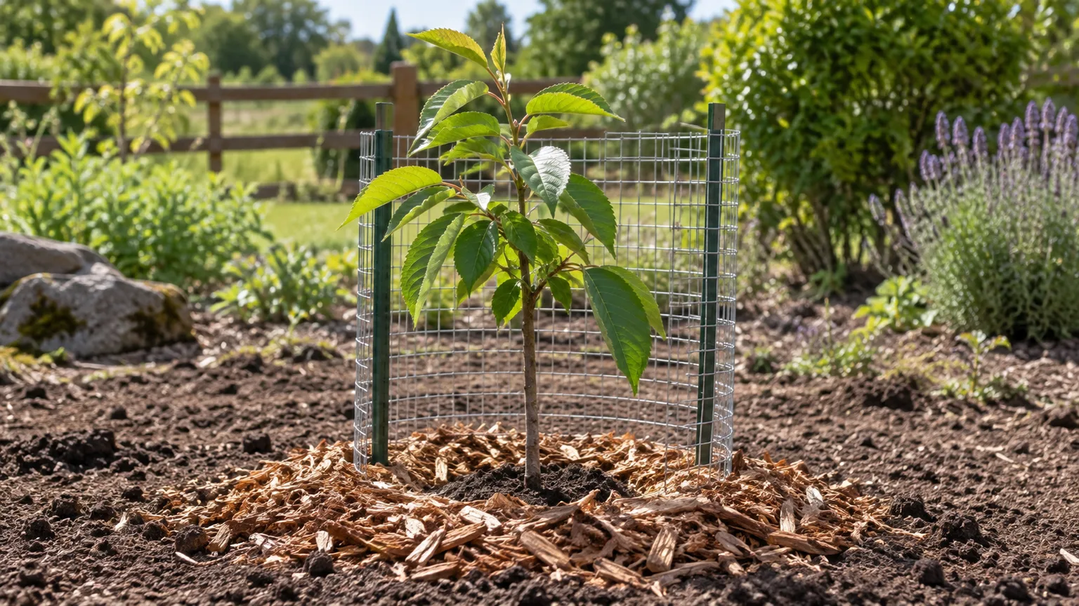 Young tree protected with a wire-mesh guard and mulch after planting.