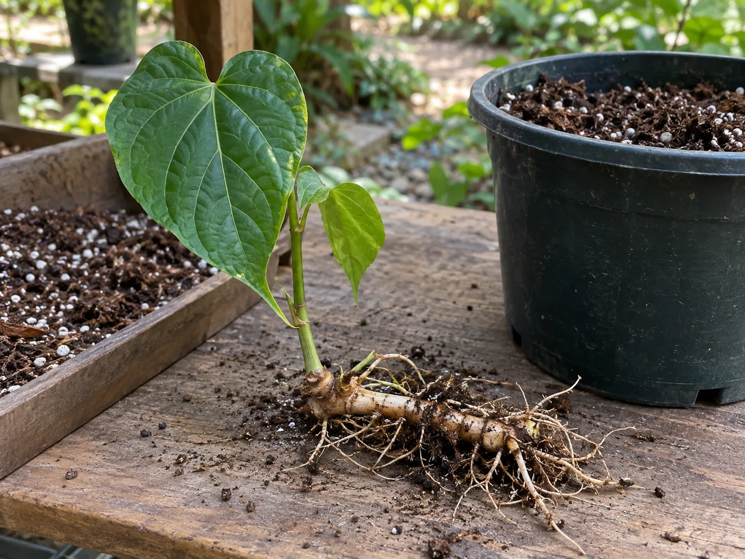 Root beer plant rhizome division with fine roots, a visible growing point, and a young shoot ready for potting
