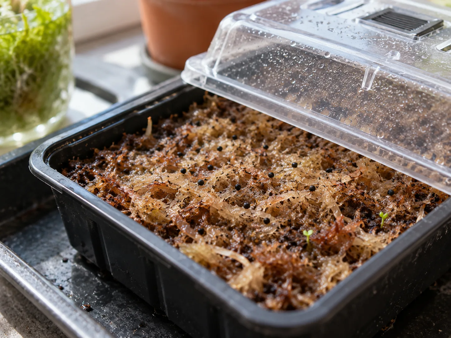 Tiny Venus flytrap seeds scattered on damp sphagnum beneath a ventilated cover.