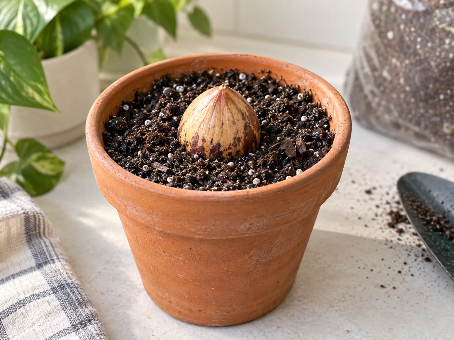 A fresh avocado pit planted upright in moist potting mix with its upper half exposed