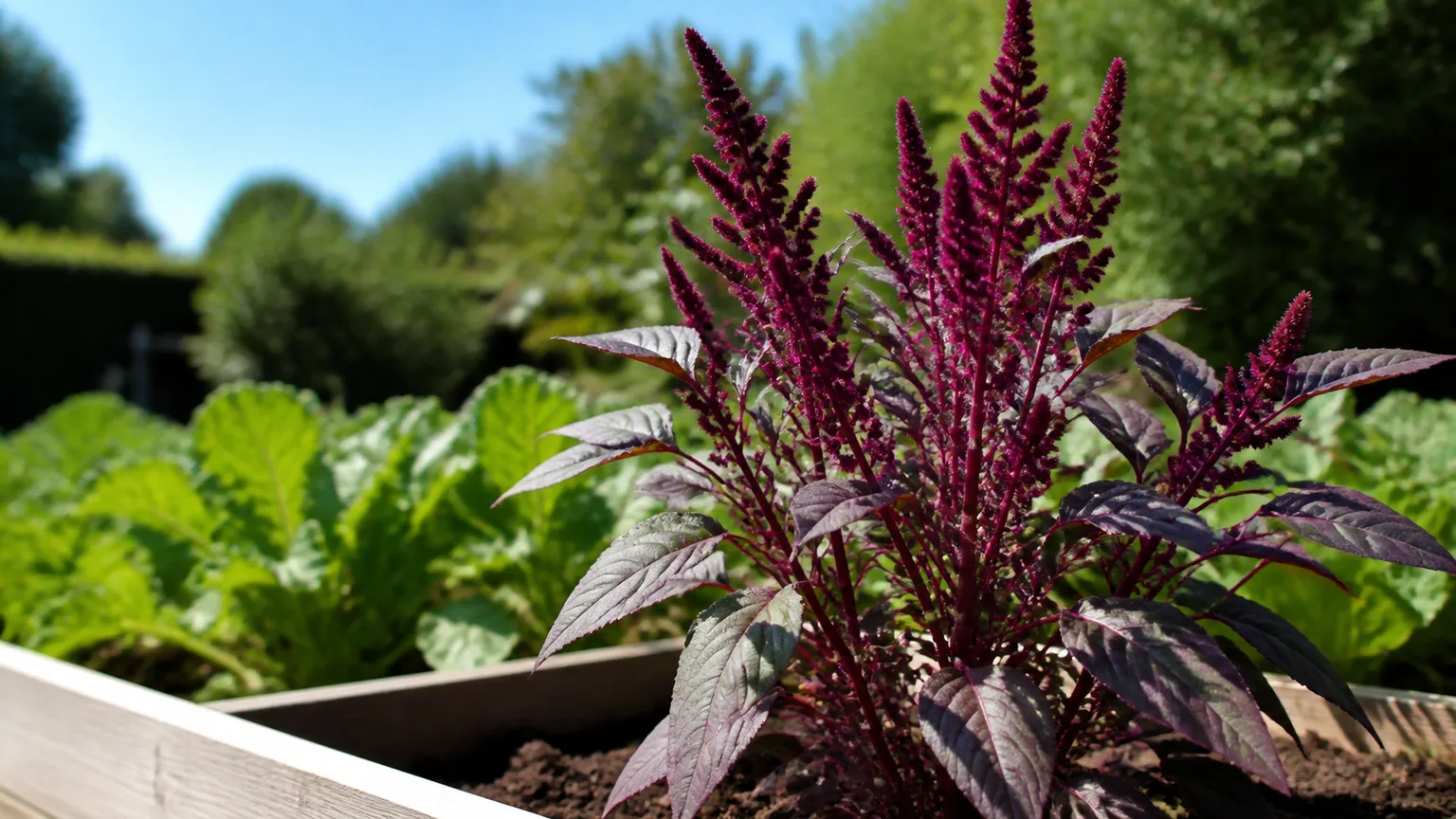 Healthy burgundy and green amaranth growing in a sunny raised garden bed