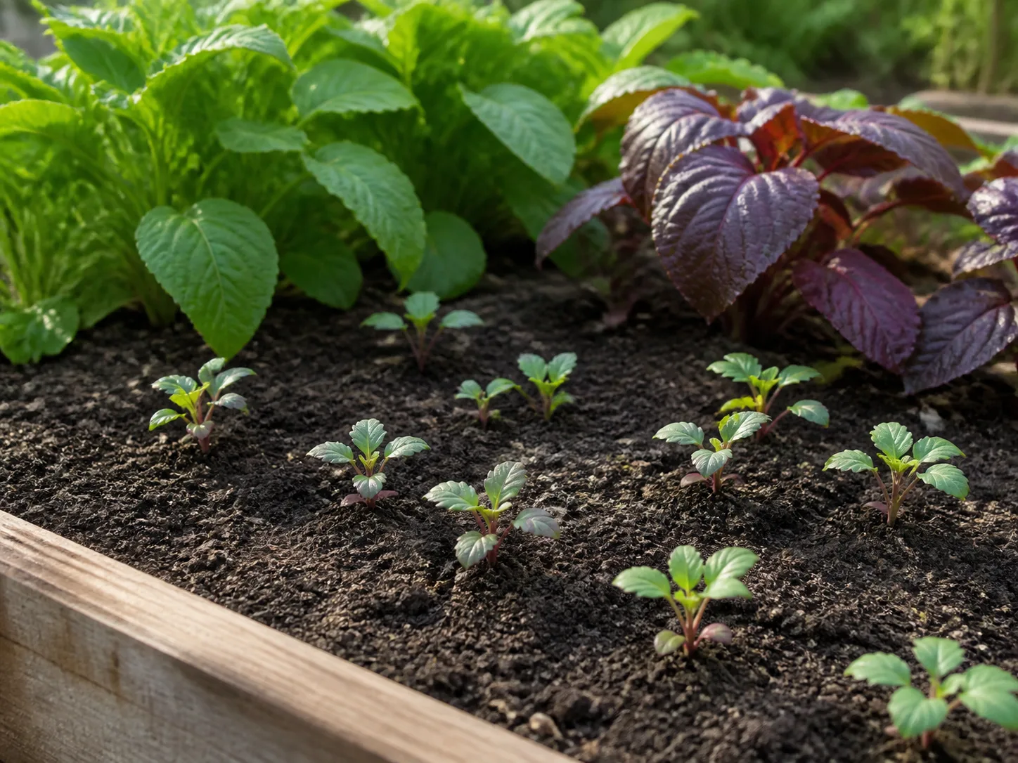 Amaranth seedlings emerging from warm soil in a raised garden bed
