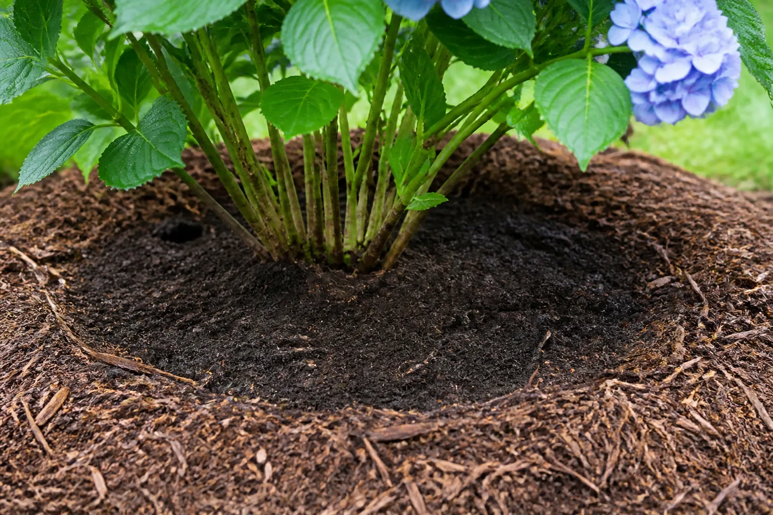 Mulched hydrangea root zone with soil that holds moisture but drains