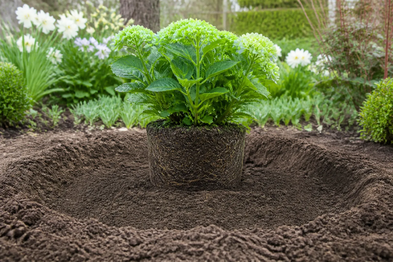 Planting a hydrangea shrub at the correct depth in a prepared garden hole