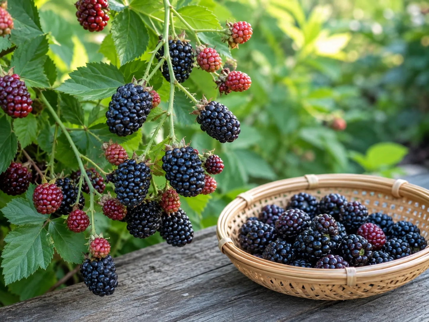 Ripe blackberries showing the deep-black color and soft, full drupelets used to judge harvest timing
