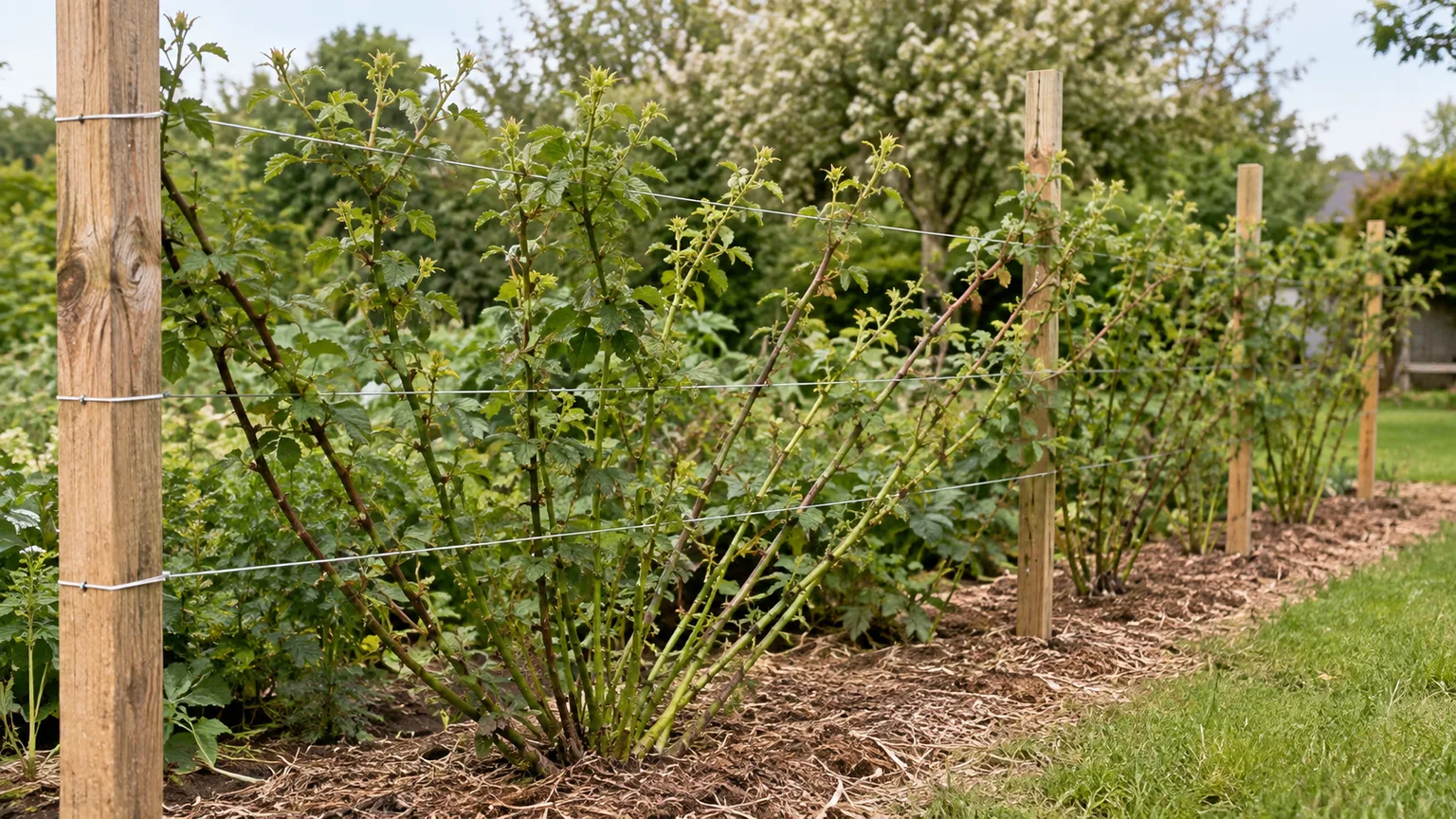 Blackberry canes trained in an orderly fan pattern on a three-wire garden trellis