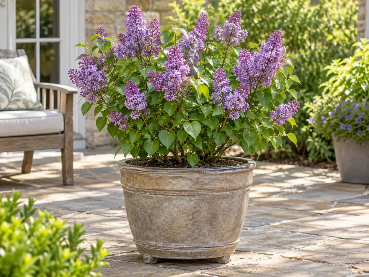 Compact lavender-flowering Bloomerang lilac growing in a substantial patio container