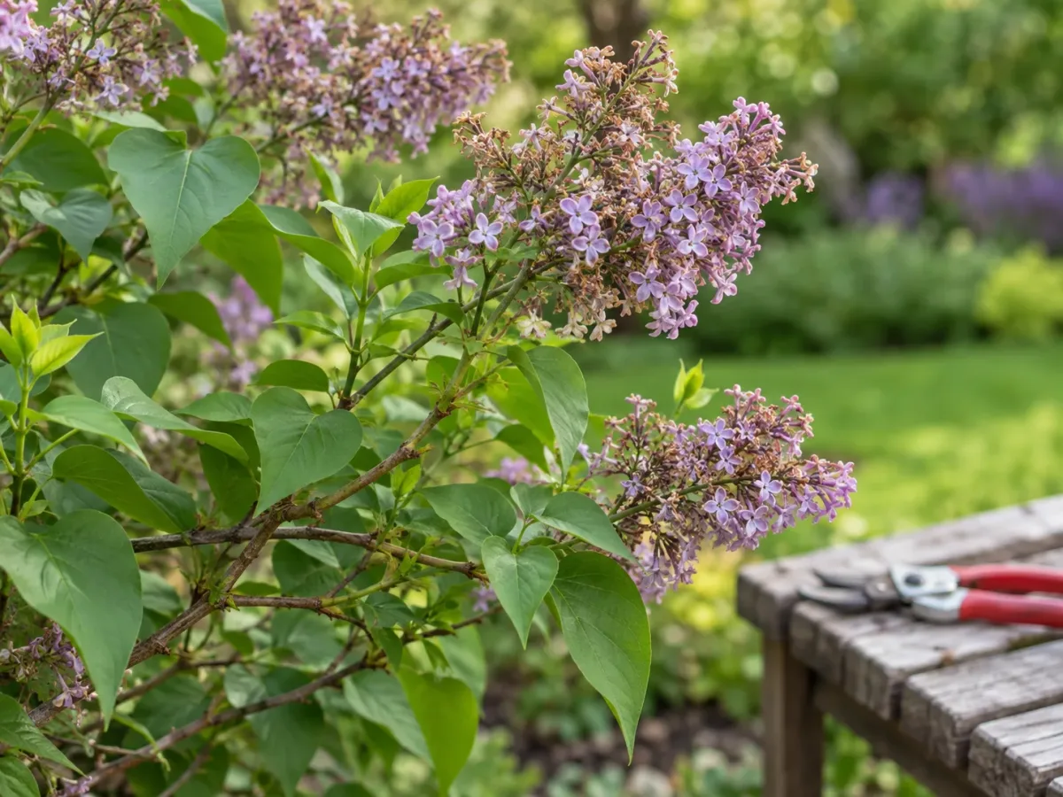 Bloomerang lilac with fading spring panicles and healthy side shoots before optional light pruning