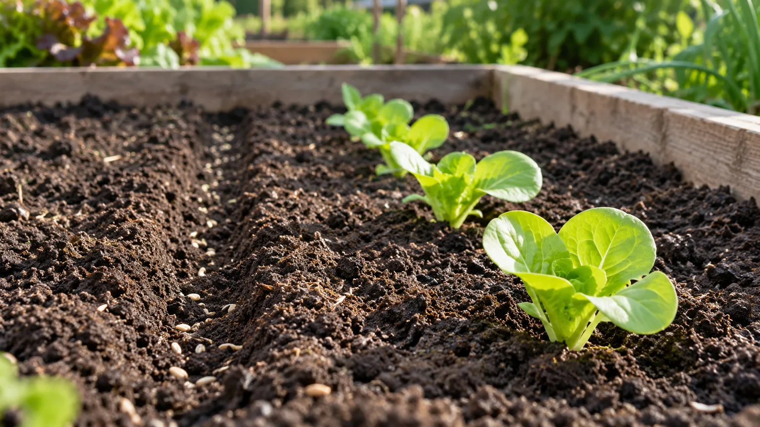 Direct-sown lettuce seedlings emerge in a prepared garden row.
