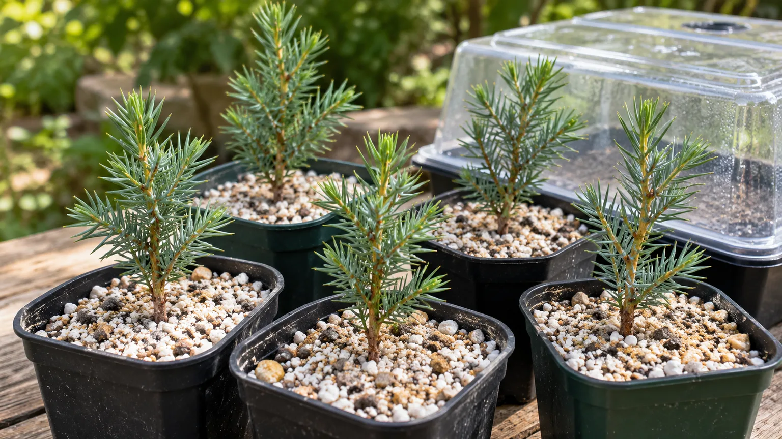 Semi-ripe common juniper cuttings in a gritty propagation mix under a clear humidity cover