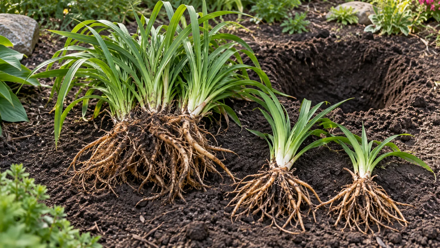 A lifted daylily clump and two rooted divisions ready for replanting