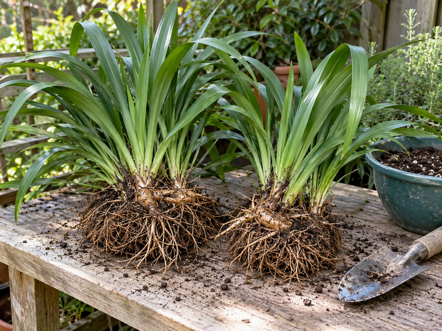 Rooted divisions of a strappy ornamental perennial arranged for replanting; divide flax lily so each section keeps roots and a healthy fan of leaves.