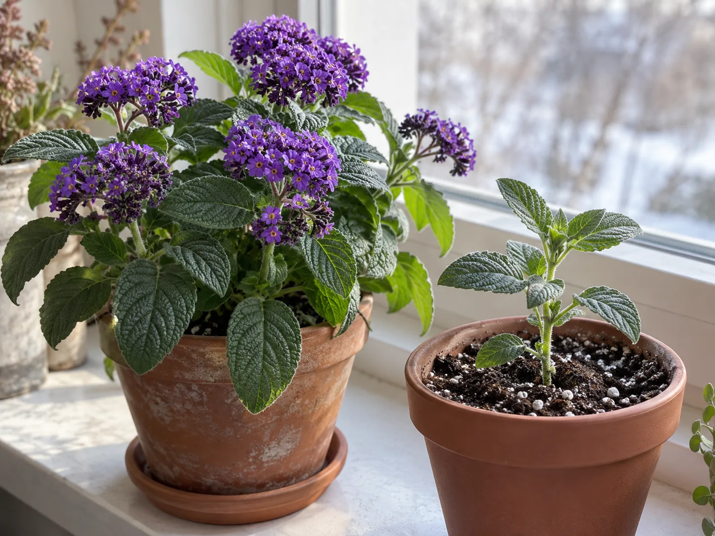 Potted heliotrope and a fresh stem cutting rooting in a small pot of airy propagation mix