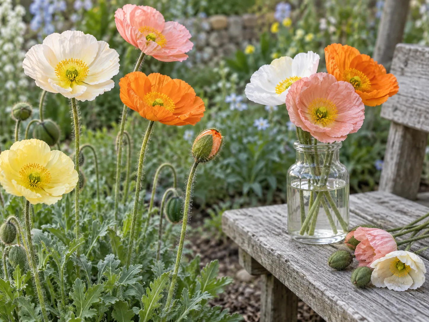 Silky Iceland poppy buds beginning to open on slender stems in a cool spring cutting garden