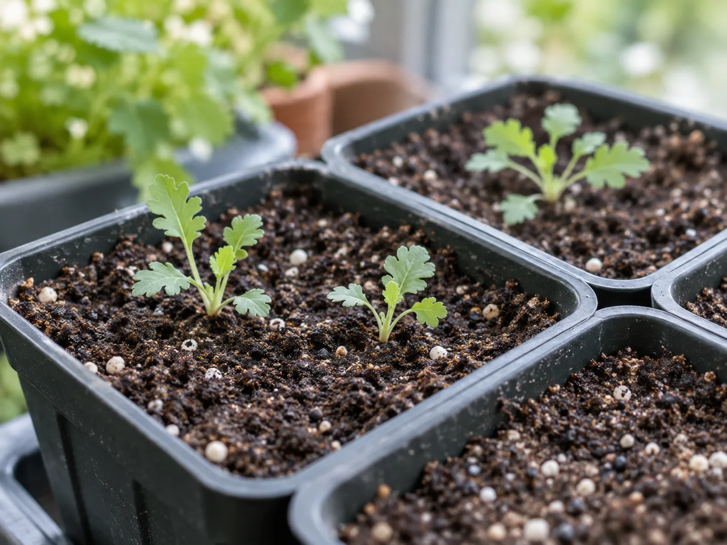 Fine Iceland poppy seedlings growing in small cells under bright, cool conditions