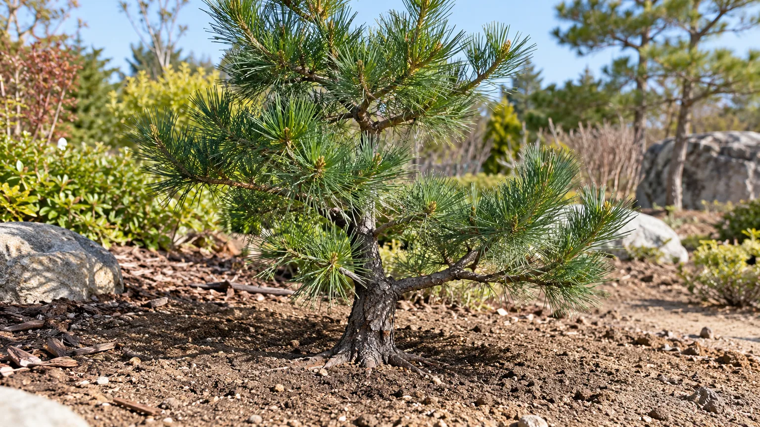 Young Japanese black pine planted in a sunny, well-drained garden bed with its root flare visible