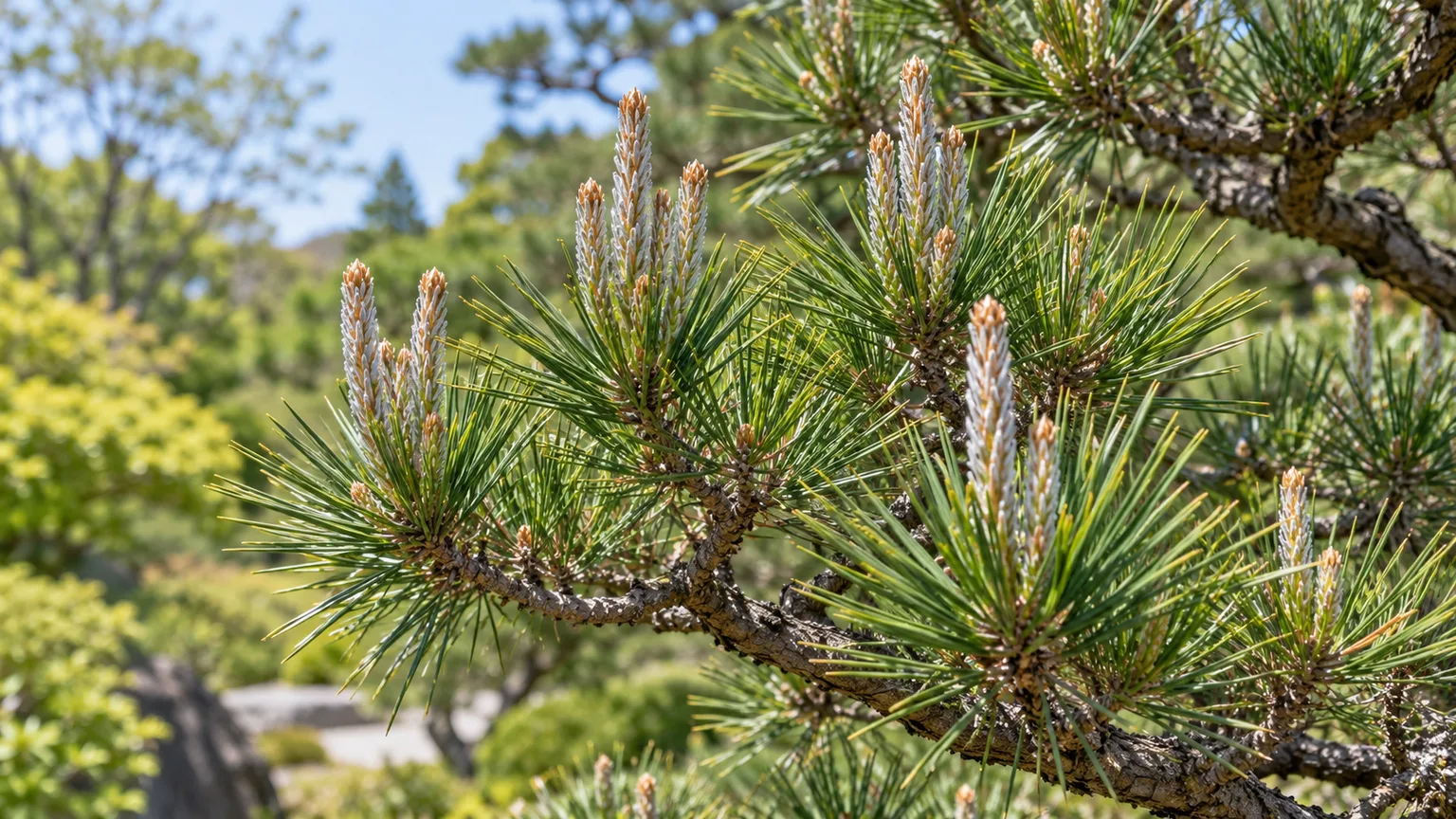 Silvery spring candles and paired dark needles on a Japanese black pine branch